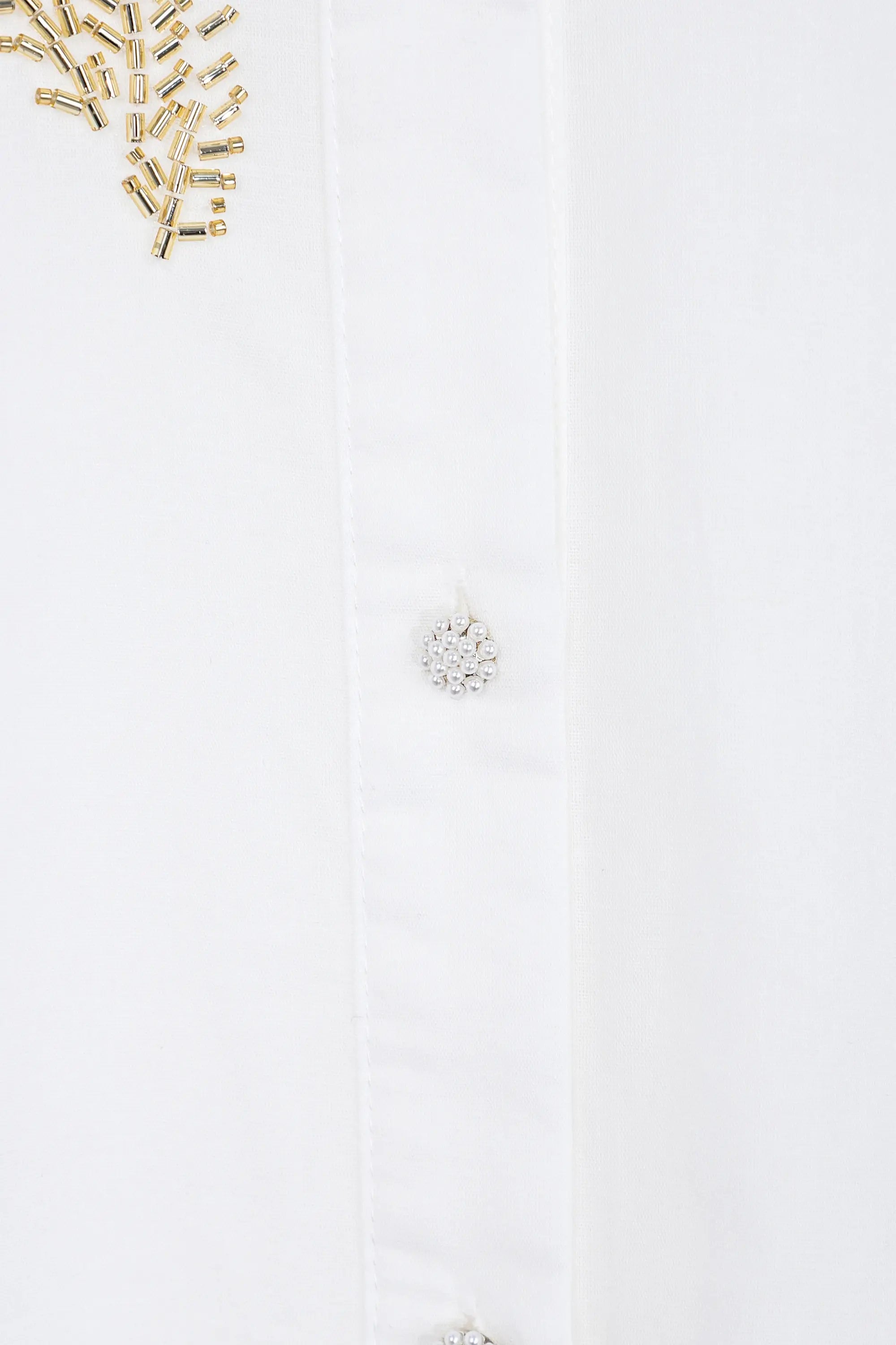 Elppis White Ramie-Cotton Blend Shirt with Gold Crane Bead Embroidery, product packshot on white background — SKU JD4F6669BO