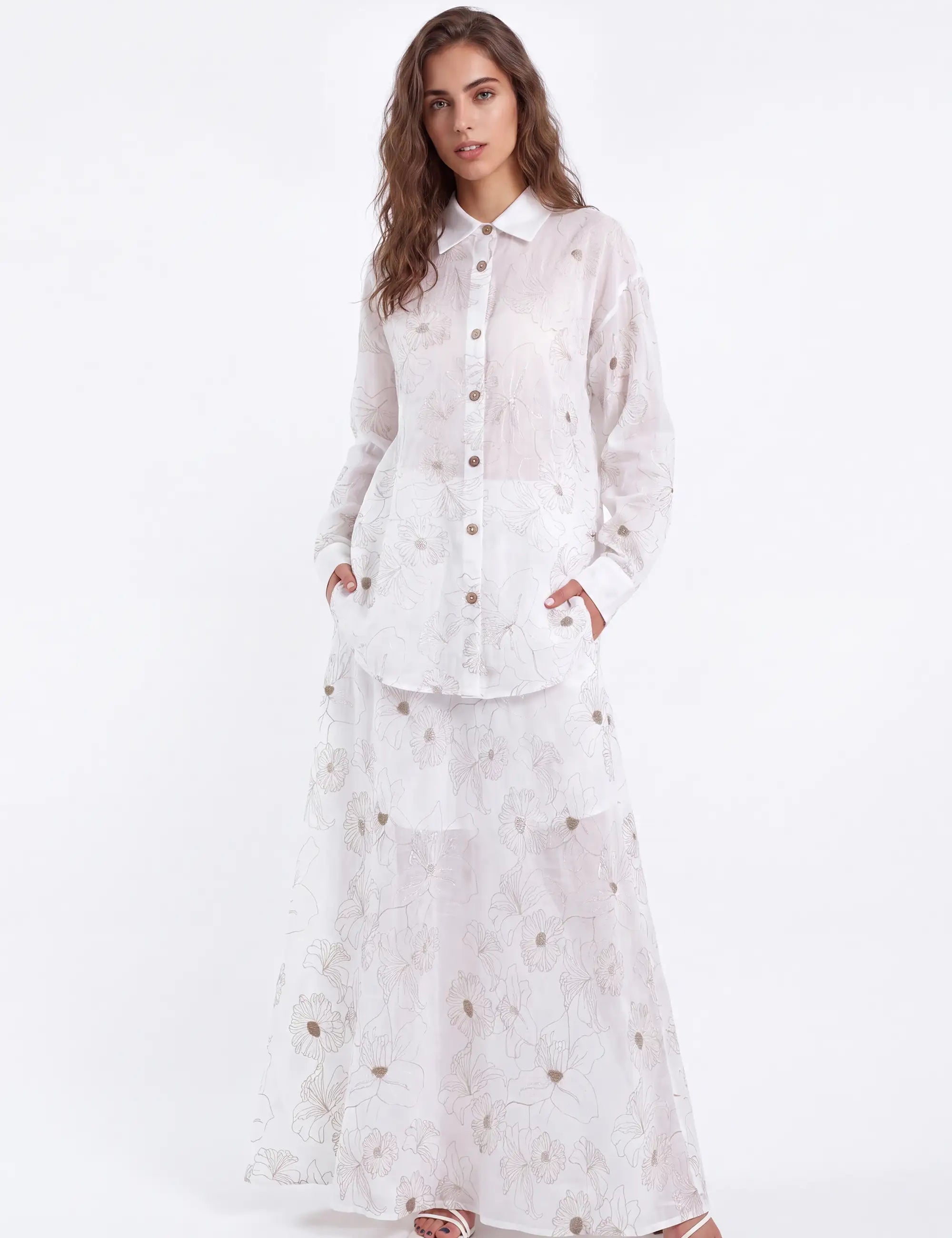 White Ramie Maxi Skirt with Gold Floral Embroidery — Model White Background Front
