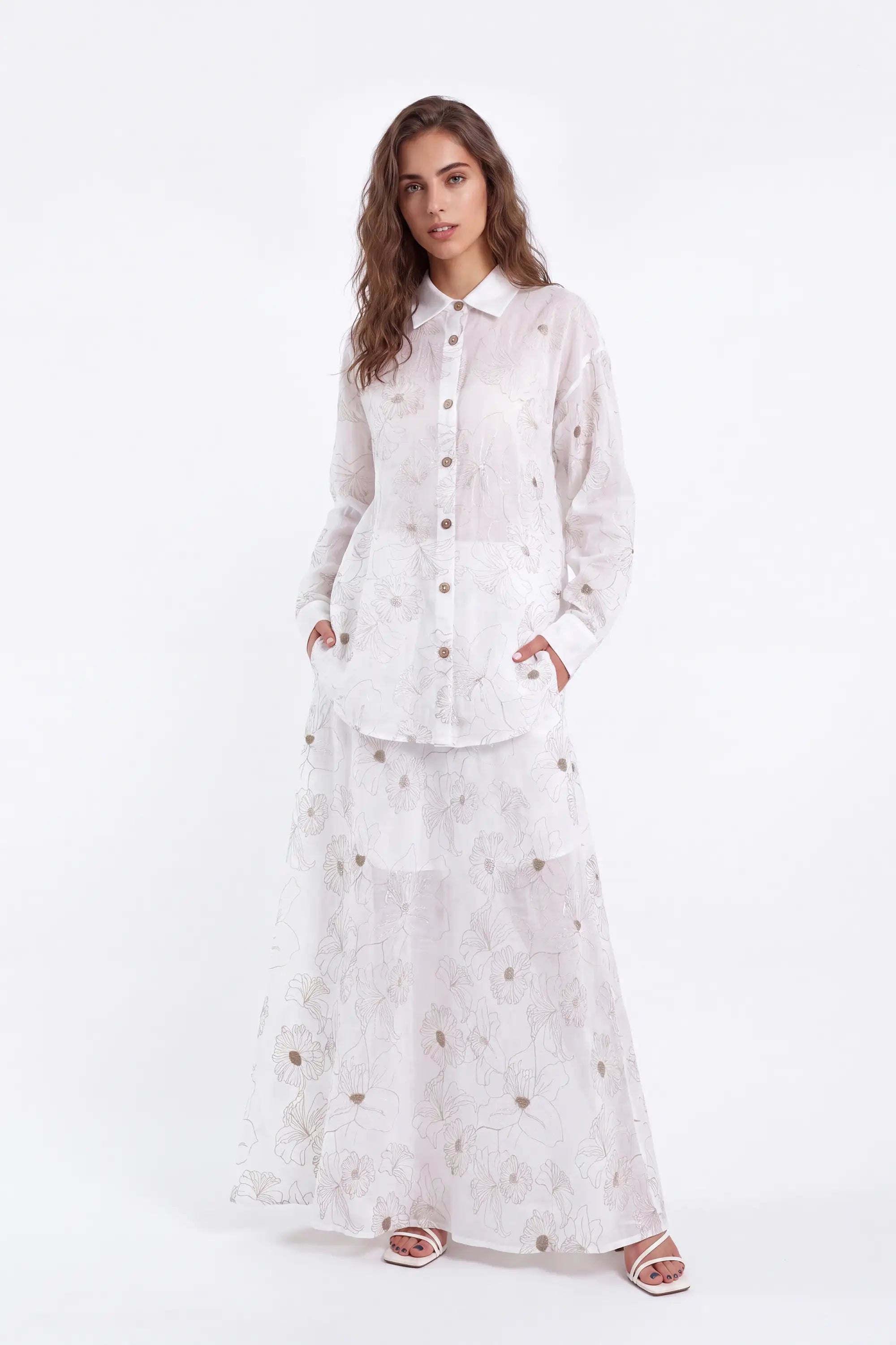 White Ramie Maxi Skirt with Gold Floral Embroidery — Model White Background Front