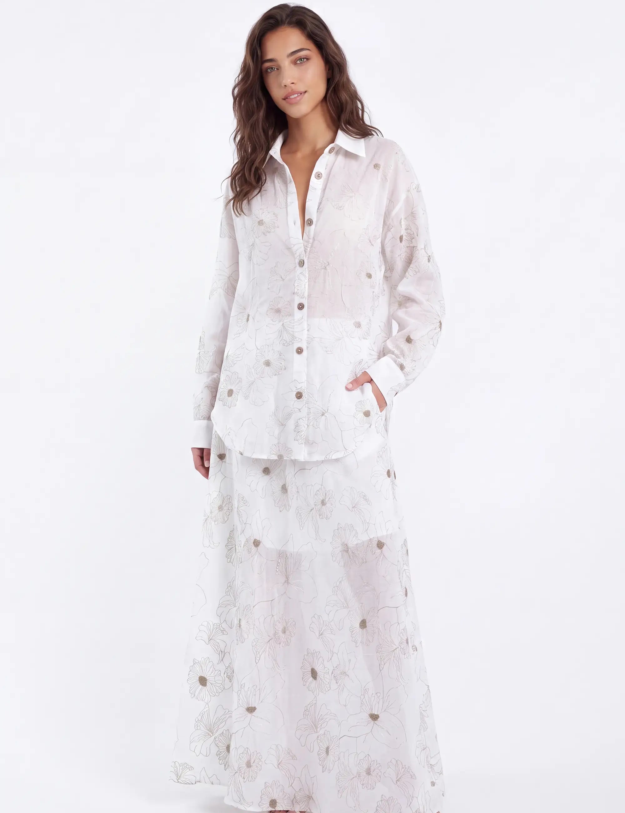 White Ramie Maxi Skirt with Gold Floral Embroidery — Model White Background View 2