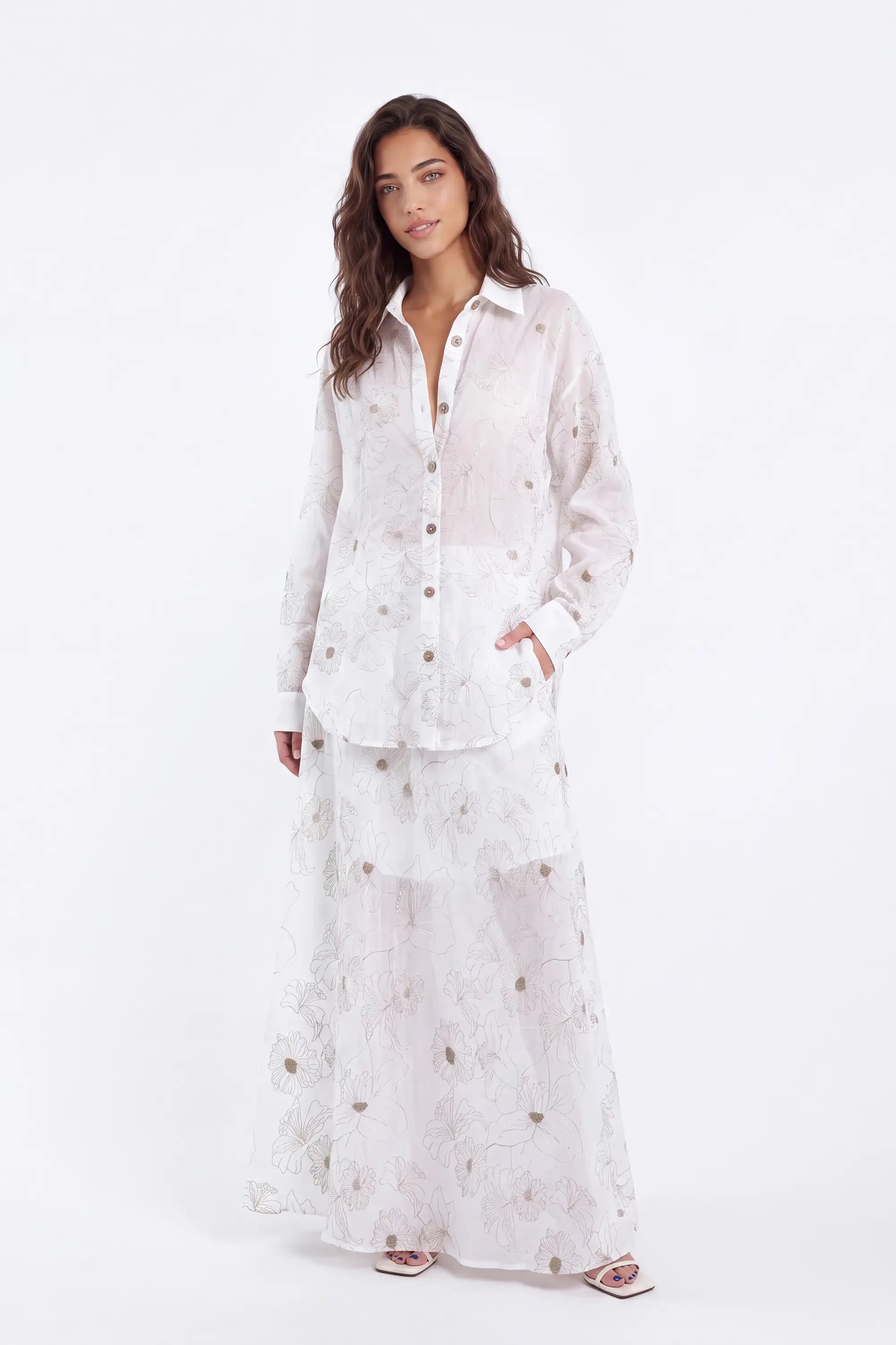 White Ramie Maxi Skirt with Gold Floral Embroidery — Model White Background View 2