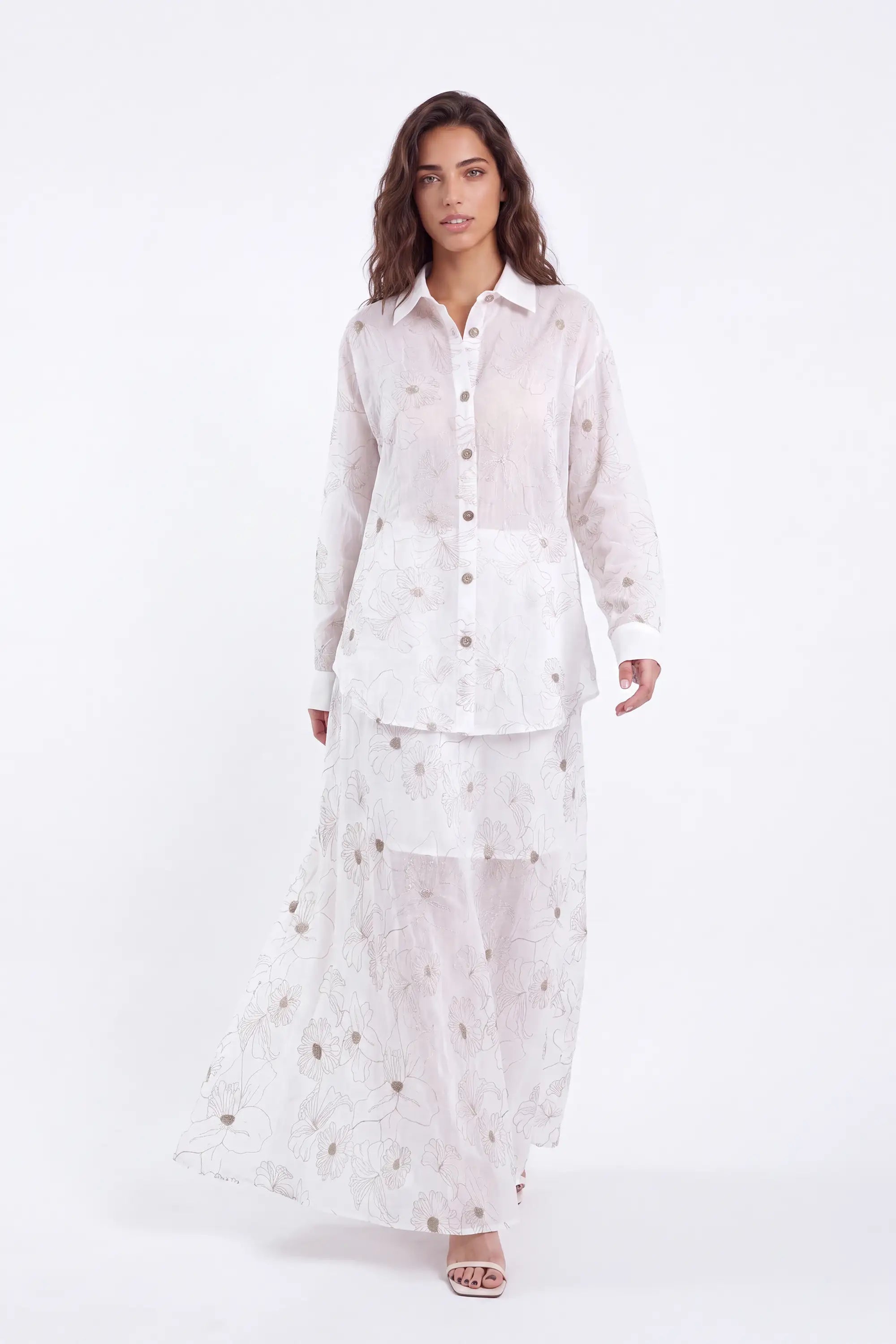 White Ramie Maxi Skirt with Gold Floral Embroidery — Model White Background View 3