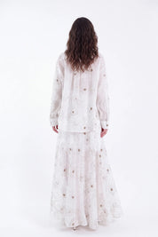 White Ramie Maxi Skirt with Gold Floral Embroidery — Model White Background View 4