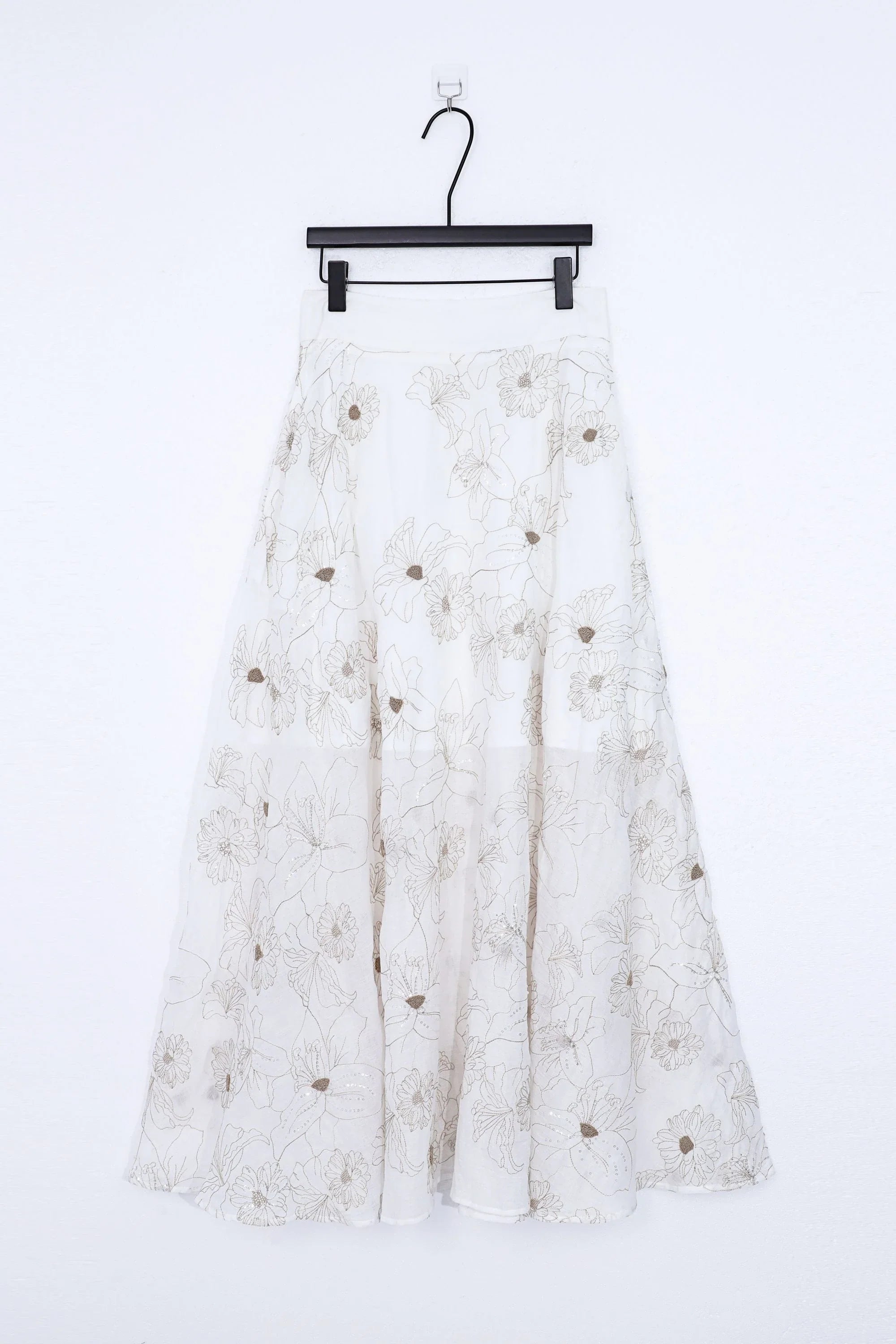 White Ramie Maxi Skirt with Gold Floral Embroidery — Product Only Front