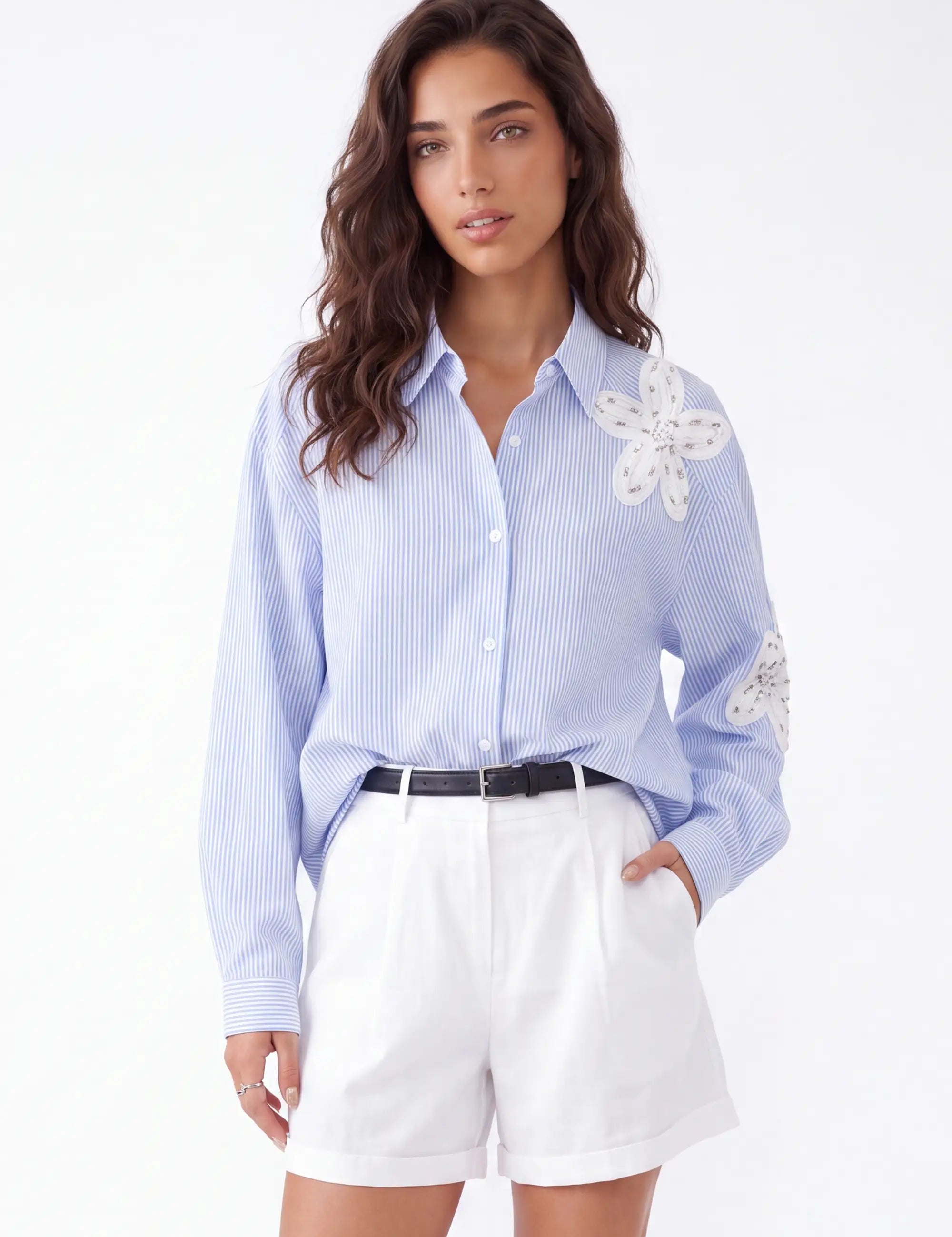 White Rayon-Nylon Blend Tailored Shorts with Belt — Model White Background Front