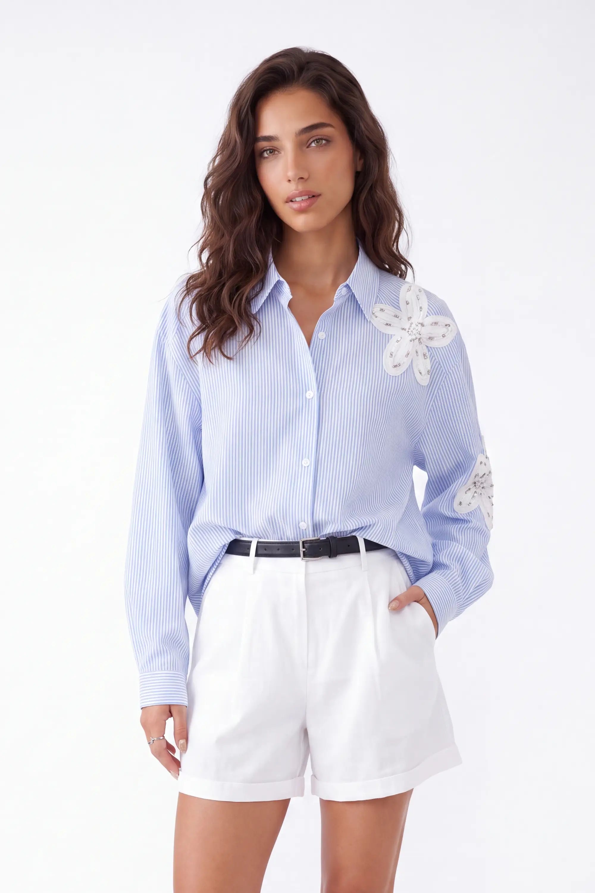 White Rayon-Nylon Blend Tailored Shorts with Belt — Model White Background Front