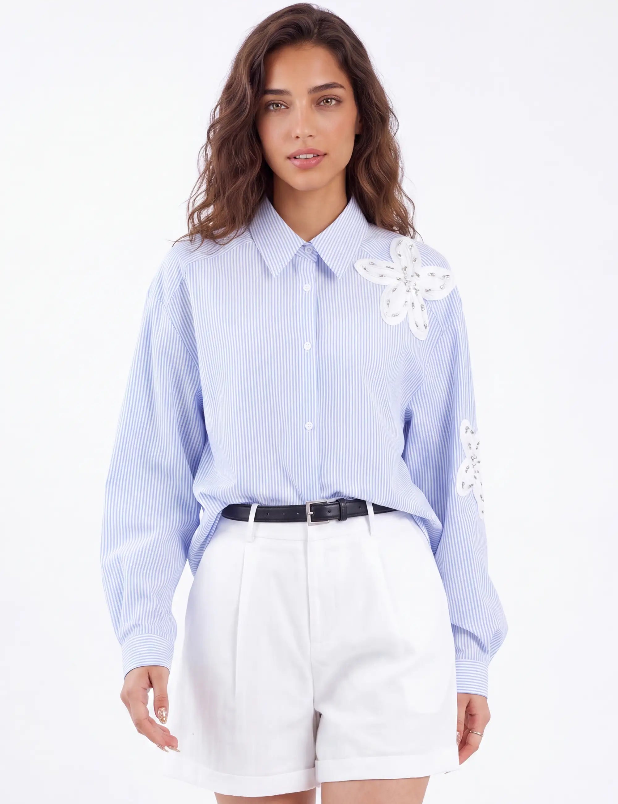 White Rayon-Nylon Blend Tailored Shorts with Belt — Model White Background View 2