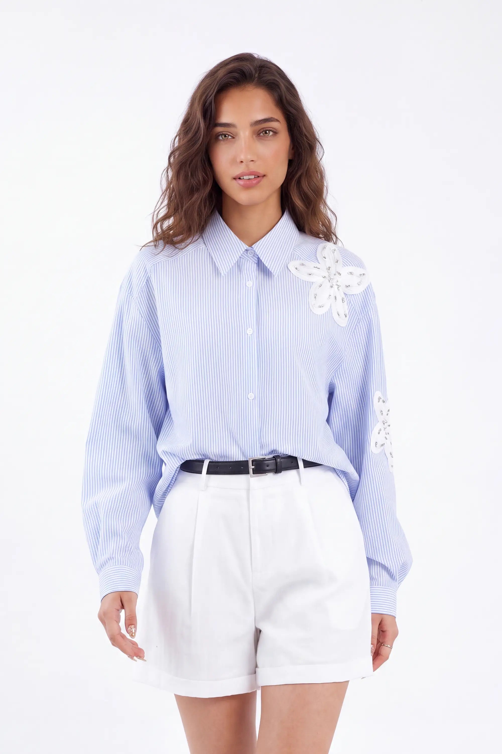 White Rayon-Nylon Blend Tailored Shorts with Belt — Model White Background View 2