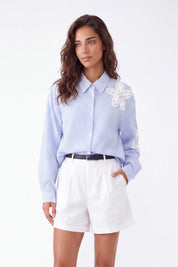 White Rayon-Nylon Blend Tailored Shorts with Belt — Model White Background View 3