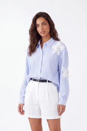 White Rayon-Nylon Blend Tailored Shorts with Belt — Model White Background View 4