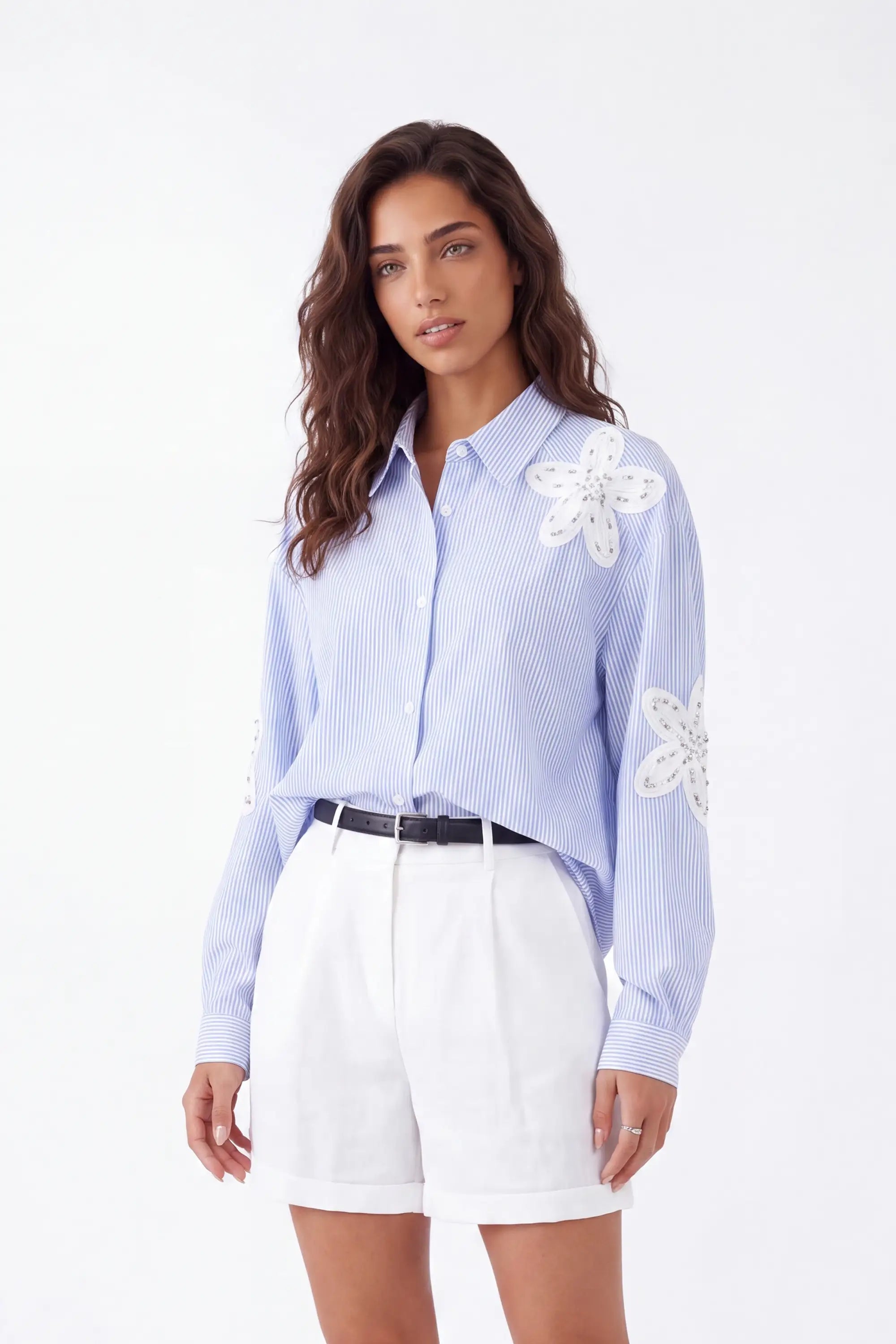 White Rayon-Nylon Blend Tailored Shorts with Belt — Model White Background View 4