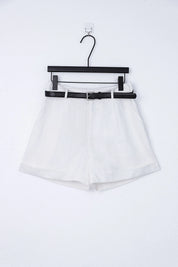 White Rayon-Nylon Blend Tailored Shorts with Belt — Product Only Front