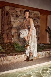 Elppis White Sheer Lace Tiered Cami Maxi Dress, editorial styling view on model — SKU 1P5K00427BS