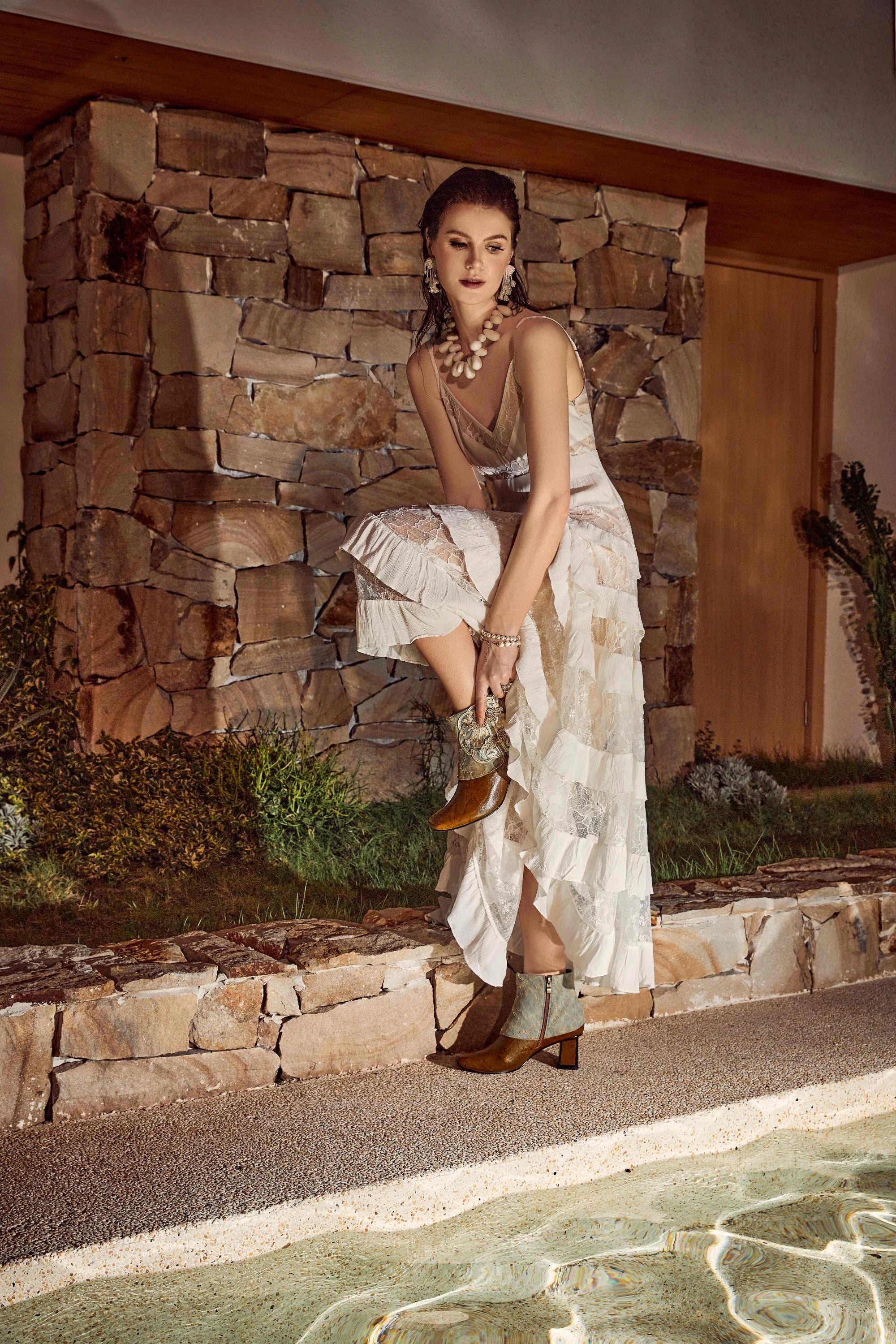 Elppis White Sheer Lace Tiered Cami Maxi Dress, editorial styling view on model — SKU 1P5K00427BS