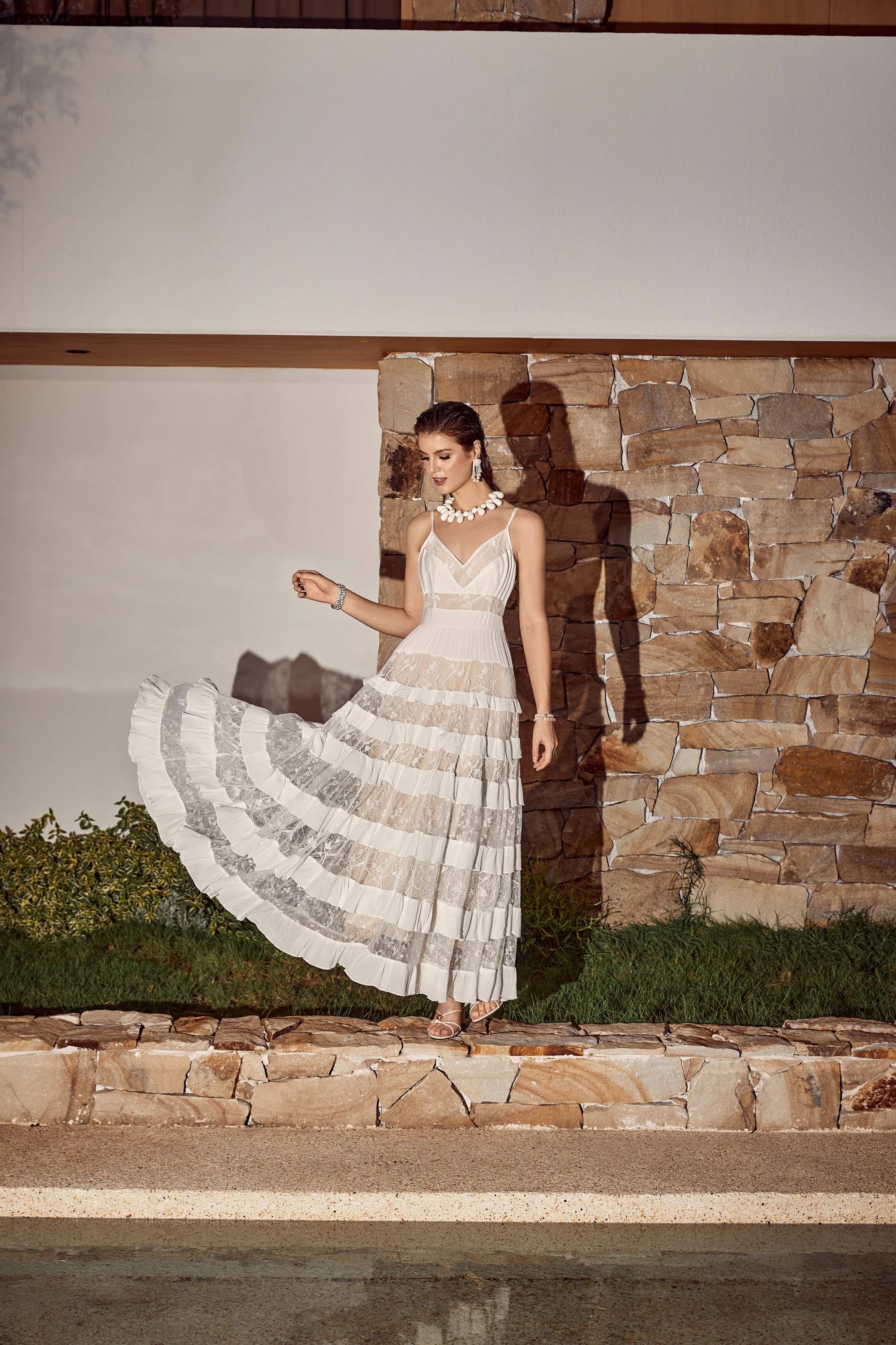 Elppis White Sheer Lace Tiered Cami Maxi Dress, editorial styling view on model — SKU 1P5K00427BS