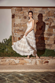 Elppis White Sheer Lace Tiered Cami Maxi Dress, editorial styling view on model — SKU 1P5K00427BS