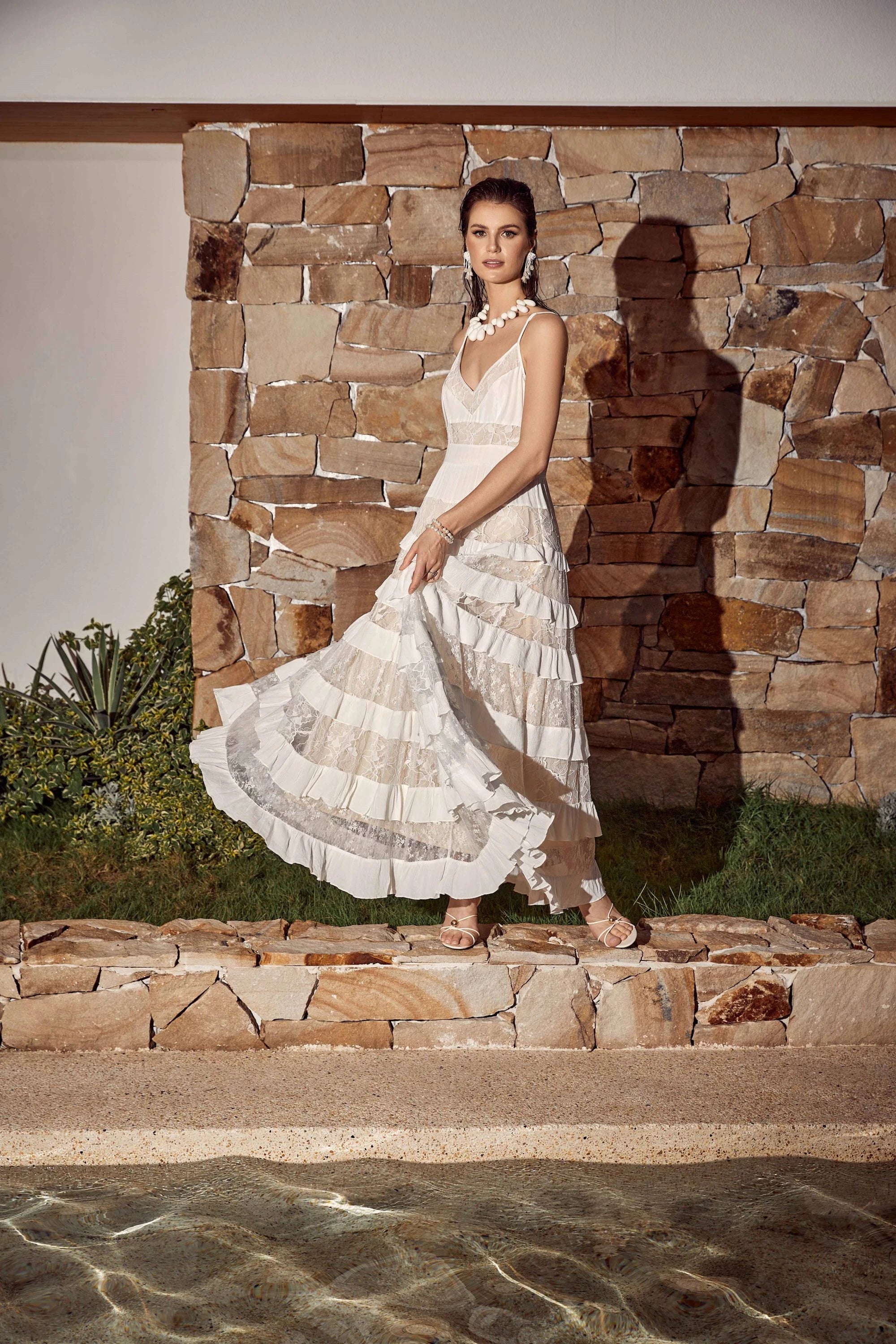 Elppis White Sheer Lace Tiered Cami Maxi Dress, editorial styling view on model — SKU 1P5K00427BS