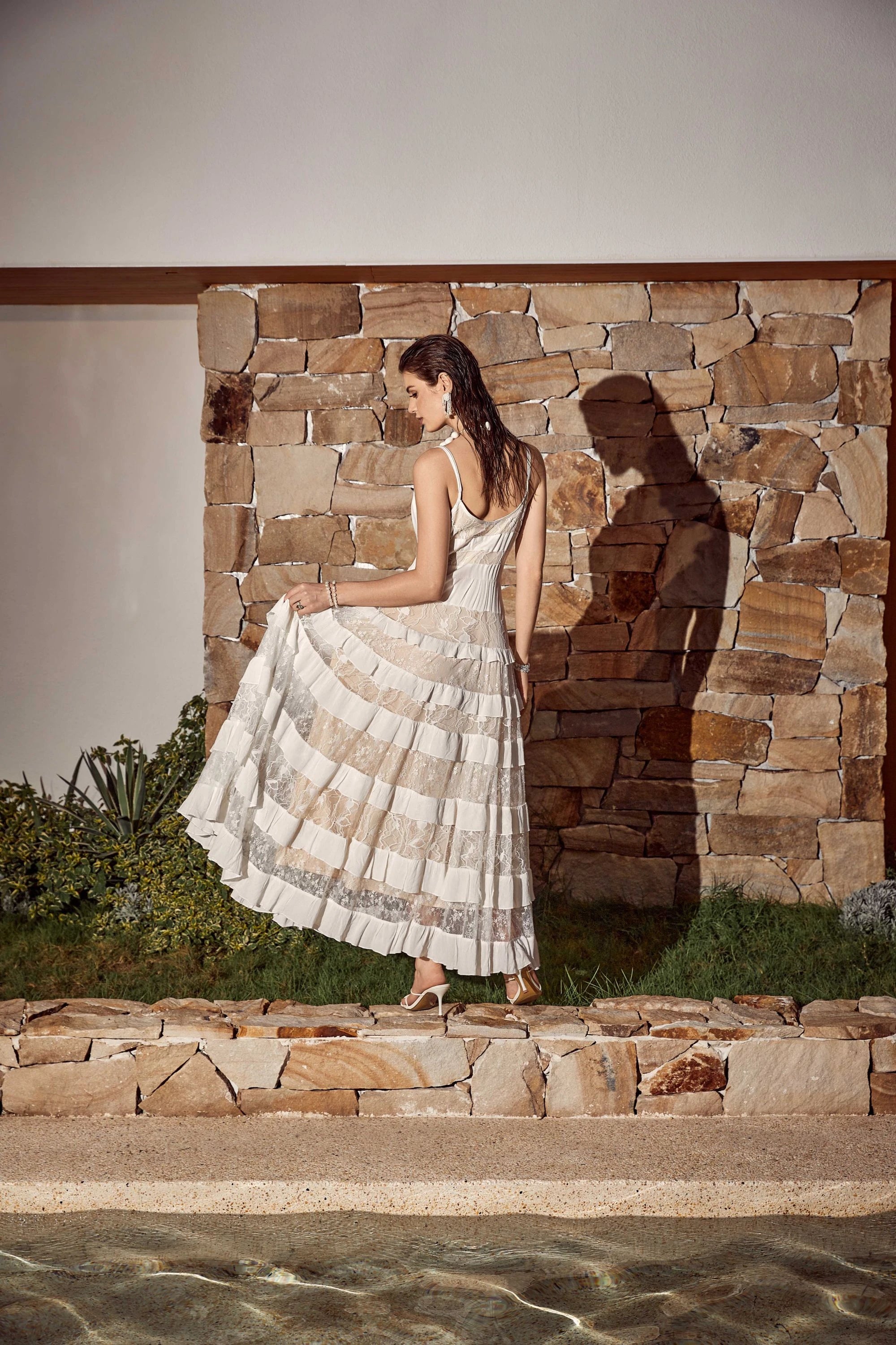 Elppis White Sheer Lace Tiered Cami Maxi Dress, editorial styling view on model — SKU 1P5K00427BS