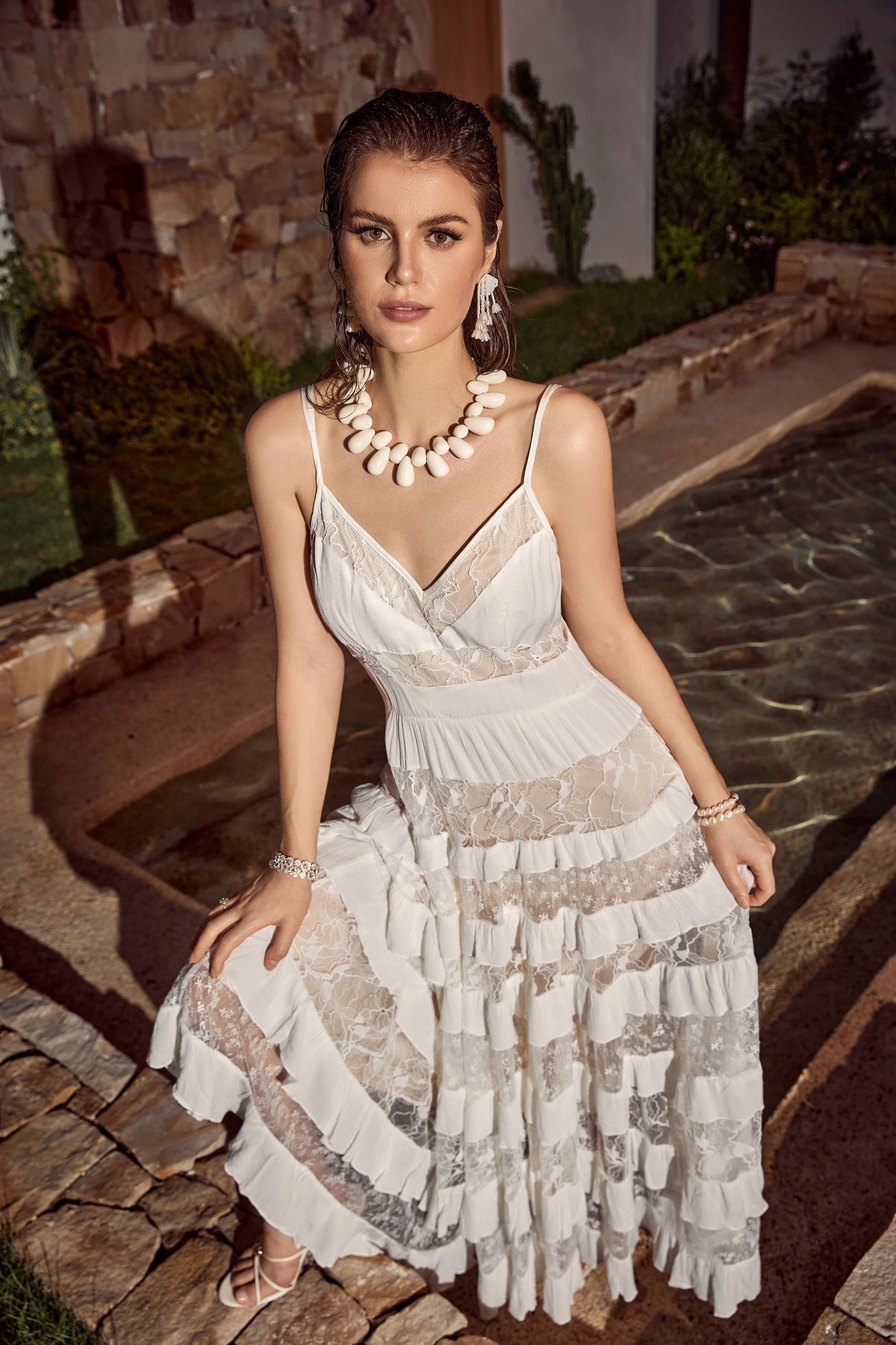 Elppis White Sheer Lace Tiered Cami Maxi Dress, editorial styling view on model — SKU 1P5K00427BS