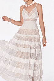 Elppis White Sheer Lace Tiered Cami Maxi Dress, white-background back or alternate view on model — SKU 1P5K00427BS