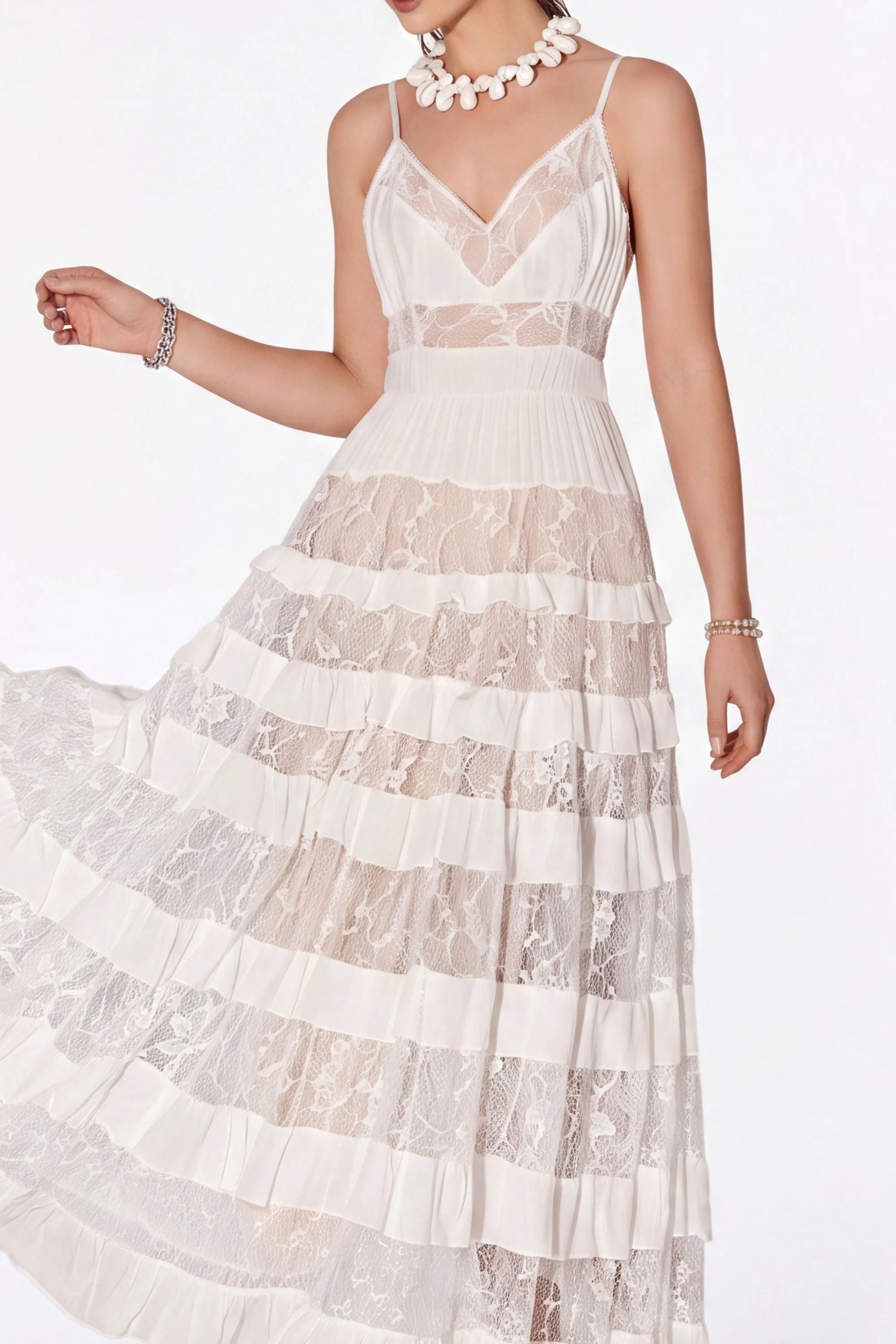 Elppis White Sheer Lace Tiered Cami Maxi Dress, white-background back or alternate view on model — SKU 1P5K00427BS