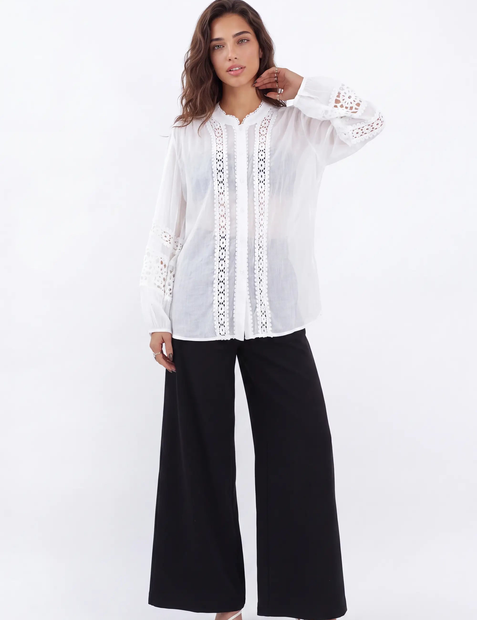 White Sheer Shirt with Crochet Lace Panels — Model White Background Front
