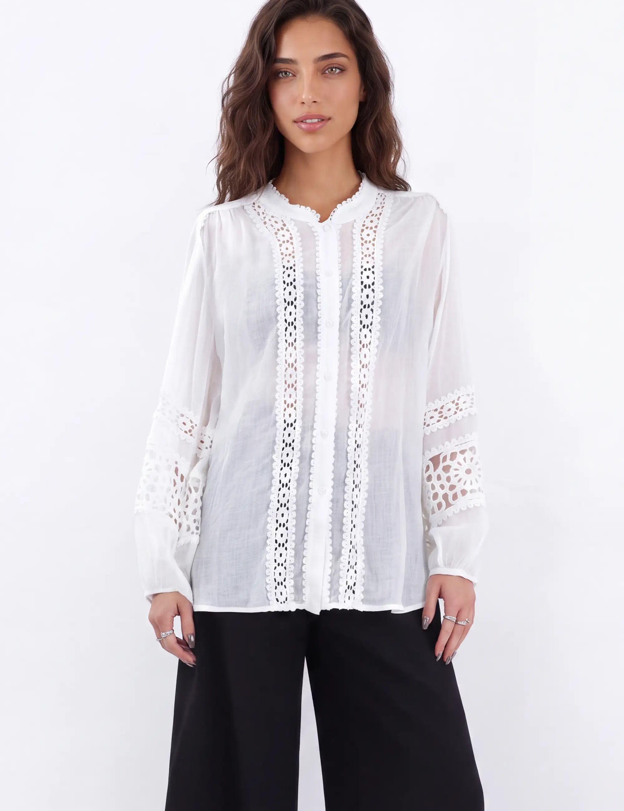 White Sheer Shirt with Crochet Lace Panels — Model White Background View 2