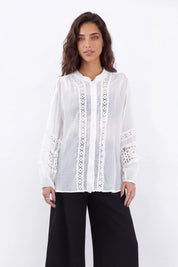 White Sheer Shirt with Crochet Lace Panels — Model White Background View 2