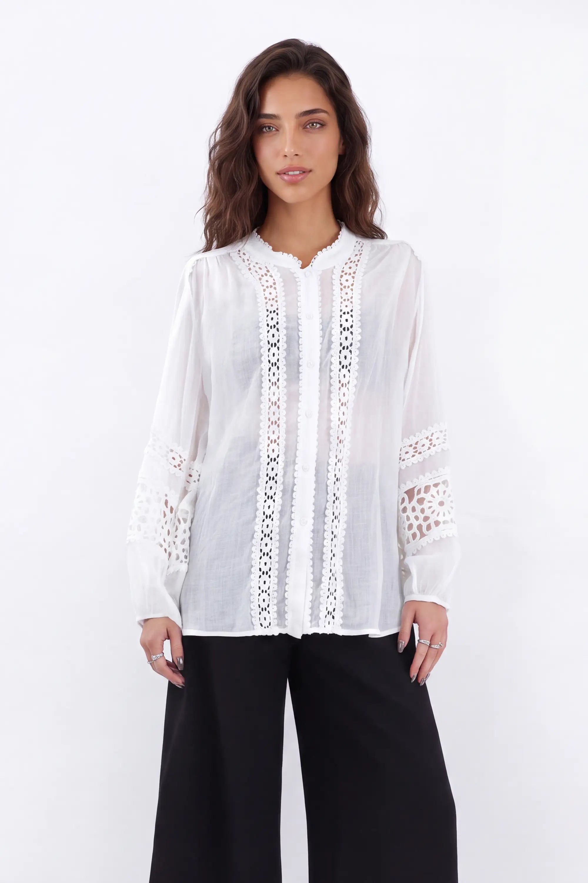 White Sheer Shirt with Crochet Lace Panels — Model White Background View 2