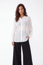 White Sheer Shirt with Crochet Lace Panels — Model White Background View 3