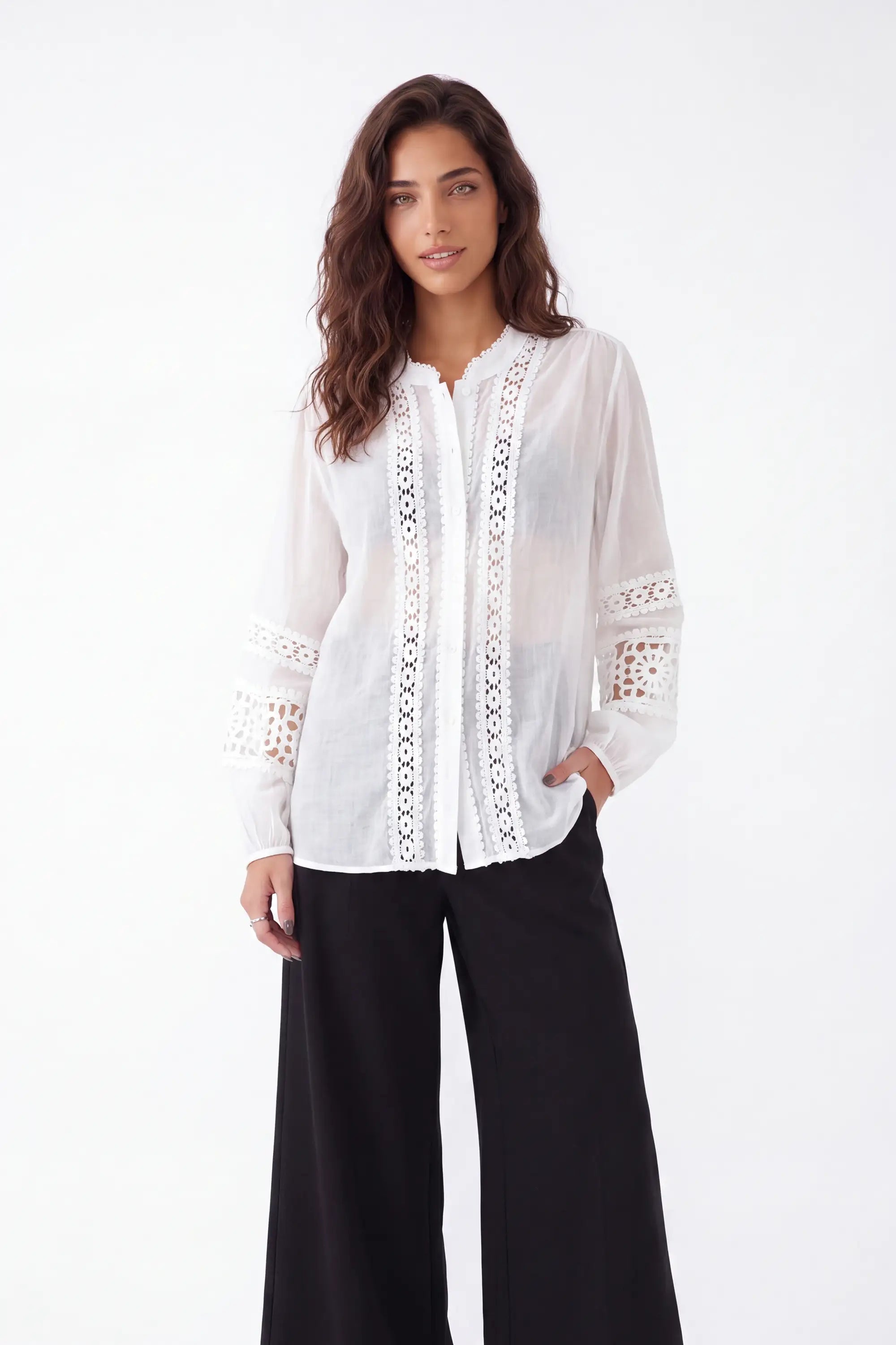 White Sheer Shirt with Crochet Lace Panels — Model White Background View 3