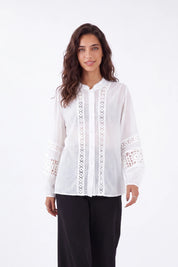 White Sheer Shirt with Crochet Lace Panels — Model White Background View 4