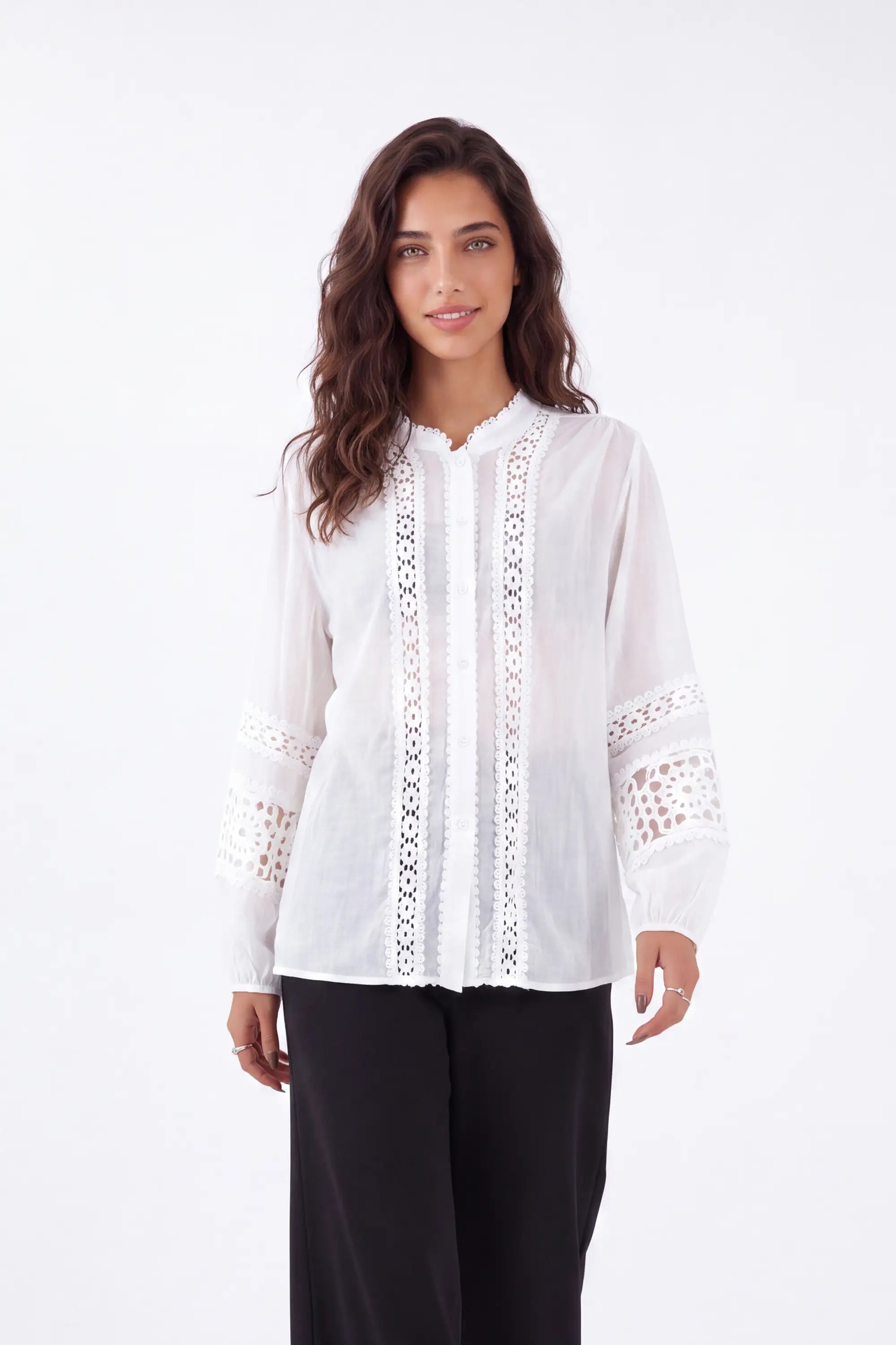 White Sheer Shirt with Crochet Lace Panels — Model White Background View 4