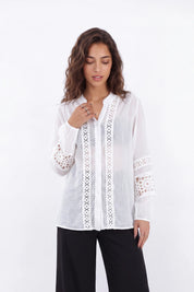 White Sheer Shirt with Crochet Lace Panels — Model White Background View 5