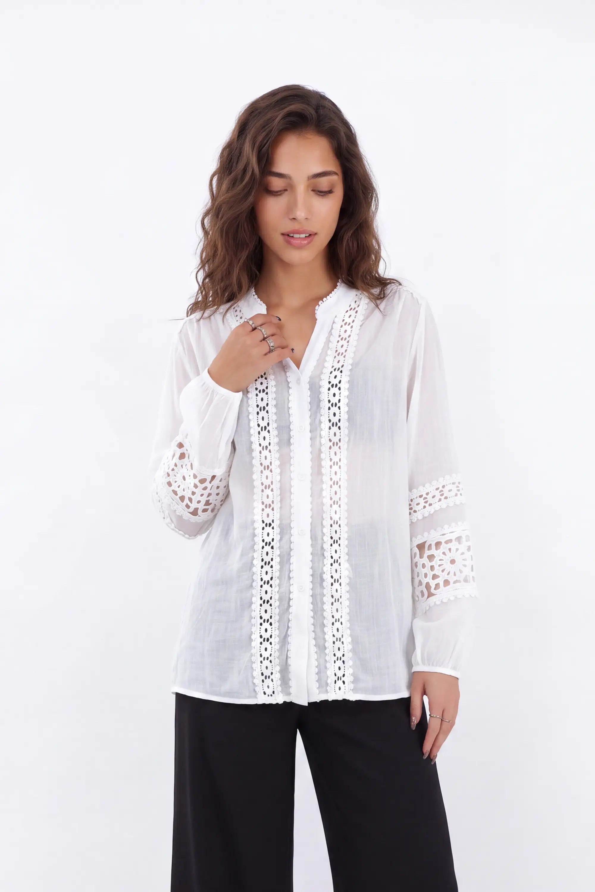 White Sheer Shirt with Crochet Lace Panels — Model White Background View 5