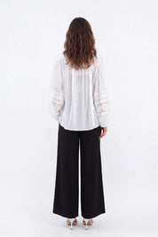 White Sheer Shirt with Crochet Lace Panels — Model White Background View 6