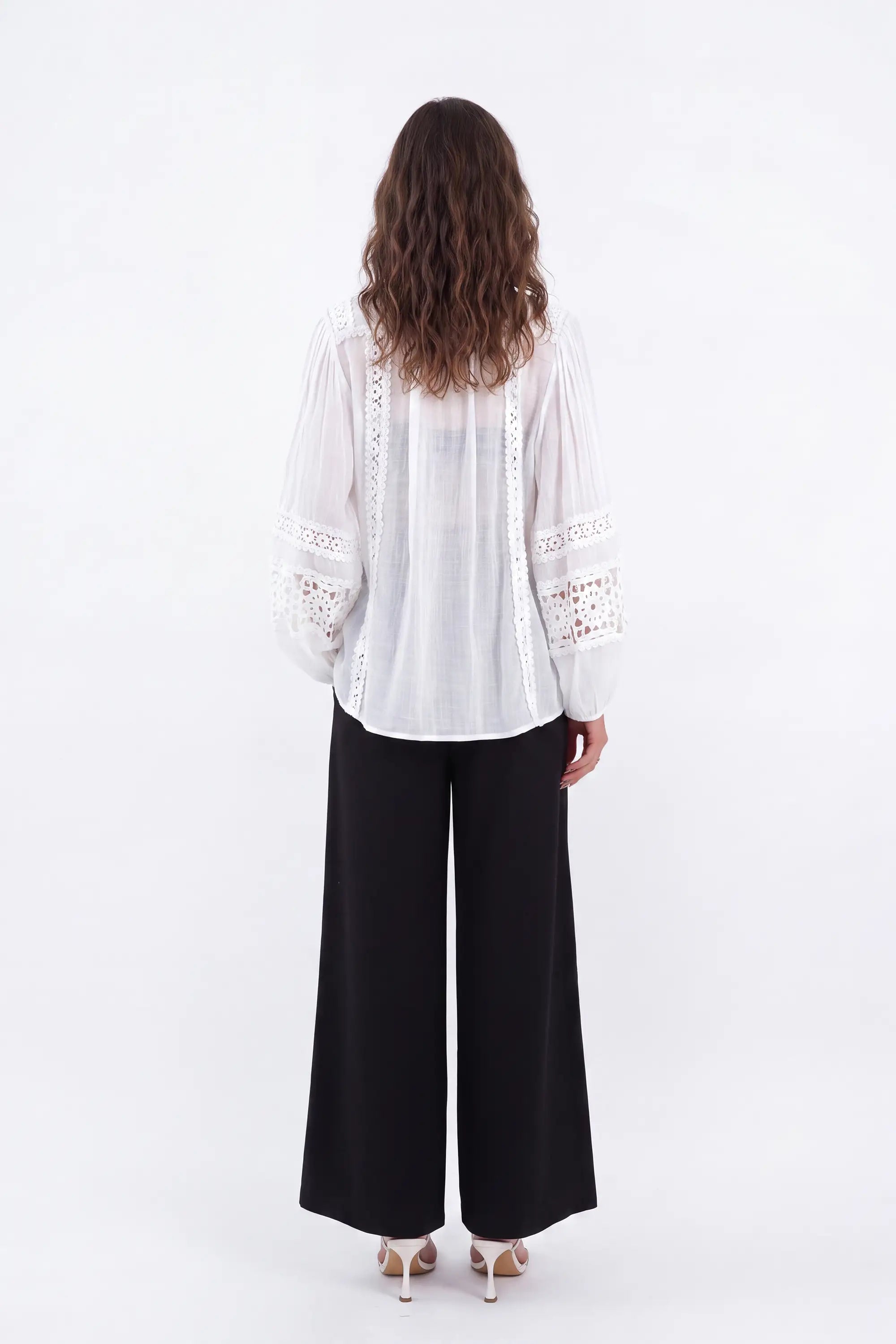 White Sheer Shirt with Crochet Lace Panels — Model White Background View 6