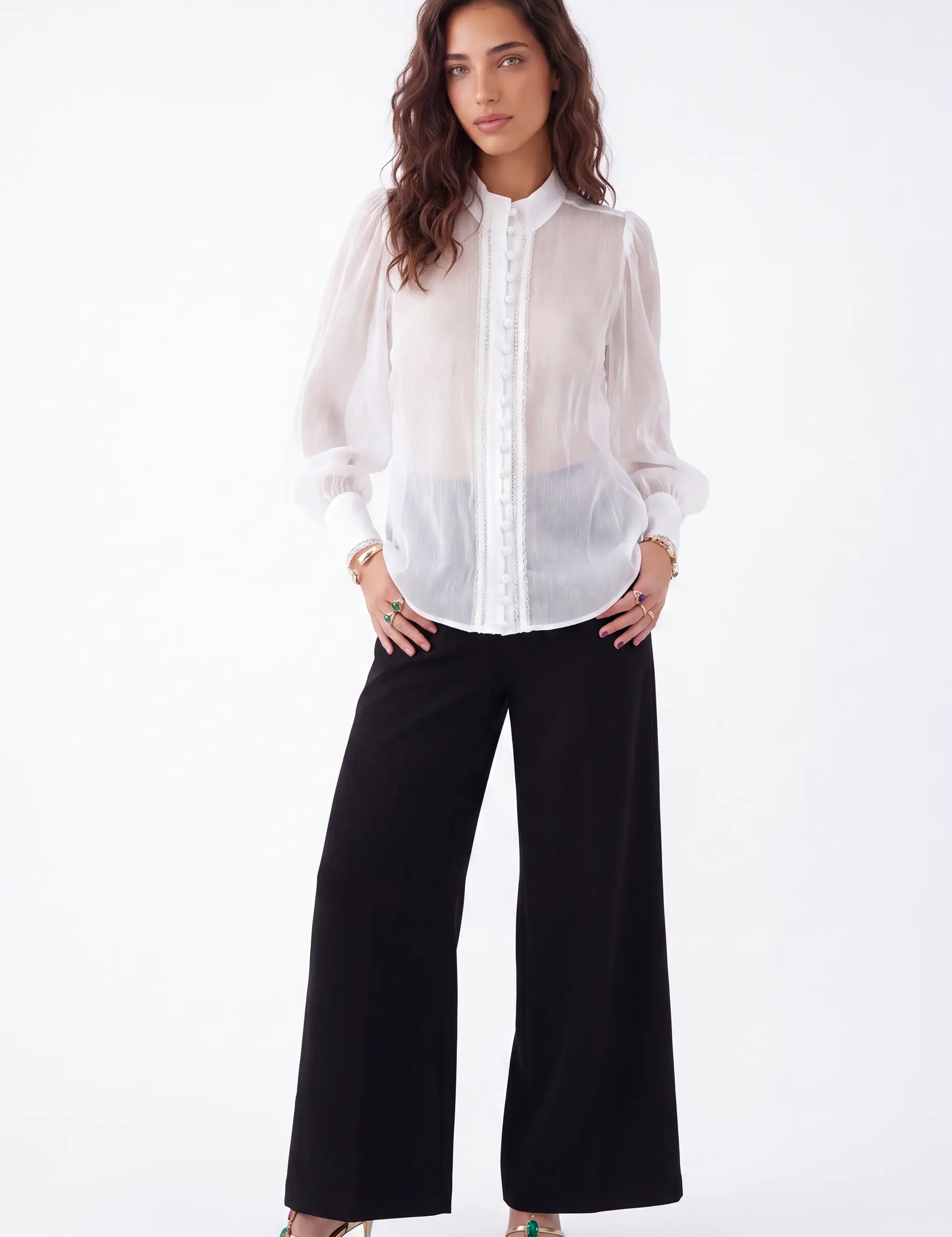 White Sheer Stand-Collar Blouse with Ruffled Button Placket and Puff Sleeves — Model White Background Front