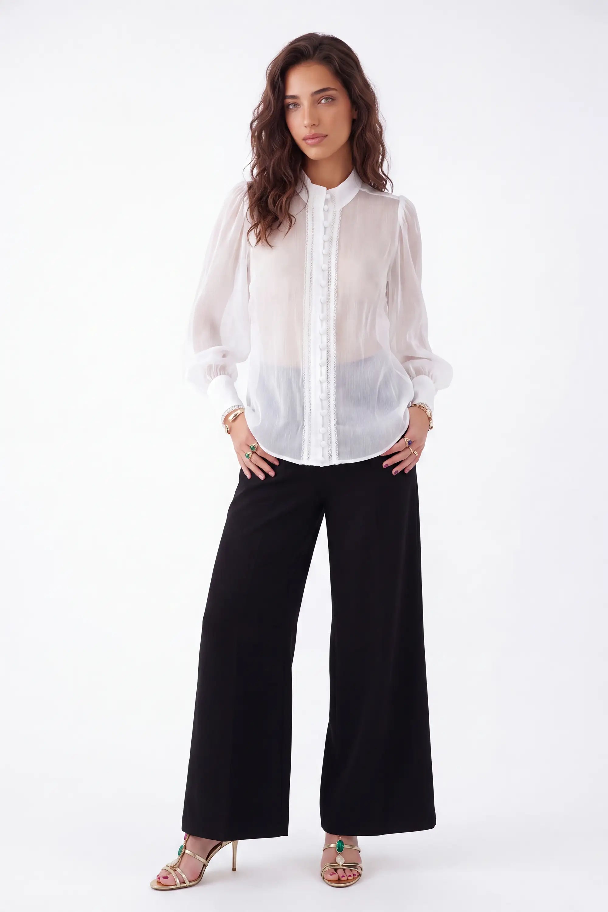 White Sheer Stand-Collar Blouse with Ruffled Button Placket and Puff Sleeves — Model White Background Front
