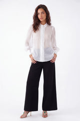 White Sheer Stand-Collar Blouse with Ruffled Button Placket and Puff Sleeves