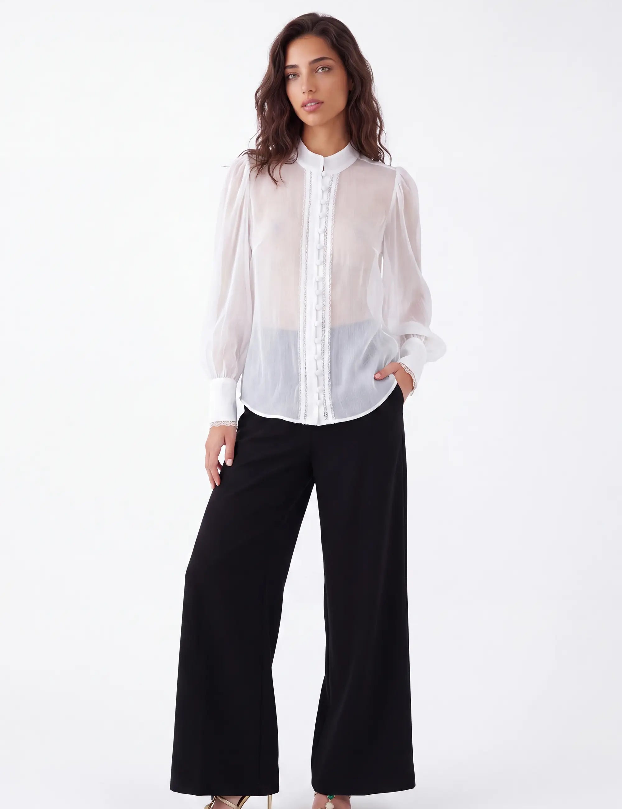 White Sheer Stand-Collar Blouse with Ruffled Button Placket and Puff Sleeves — Model White Background View 2