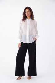 White Sheer Stand-Collar Blouse with Ruffled Button Placket and Puff Sleeves — Model White Background View 2