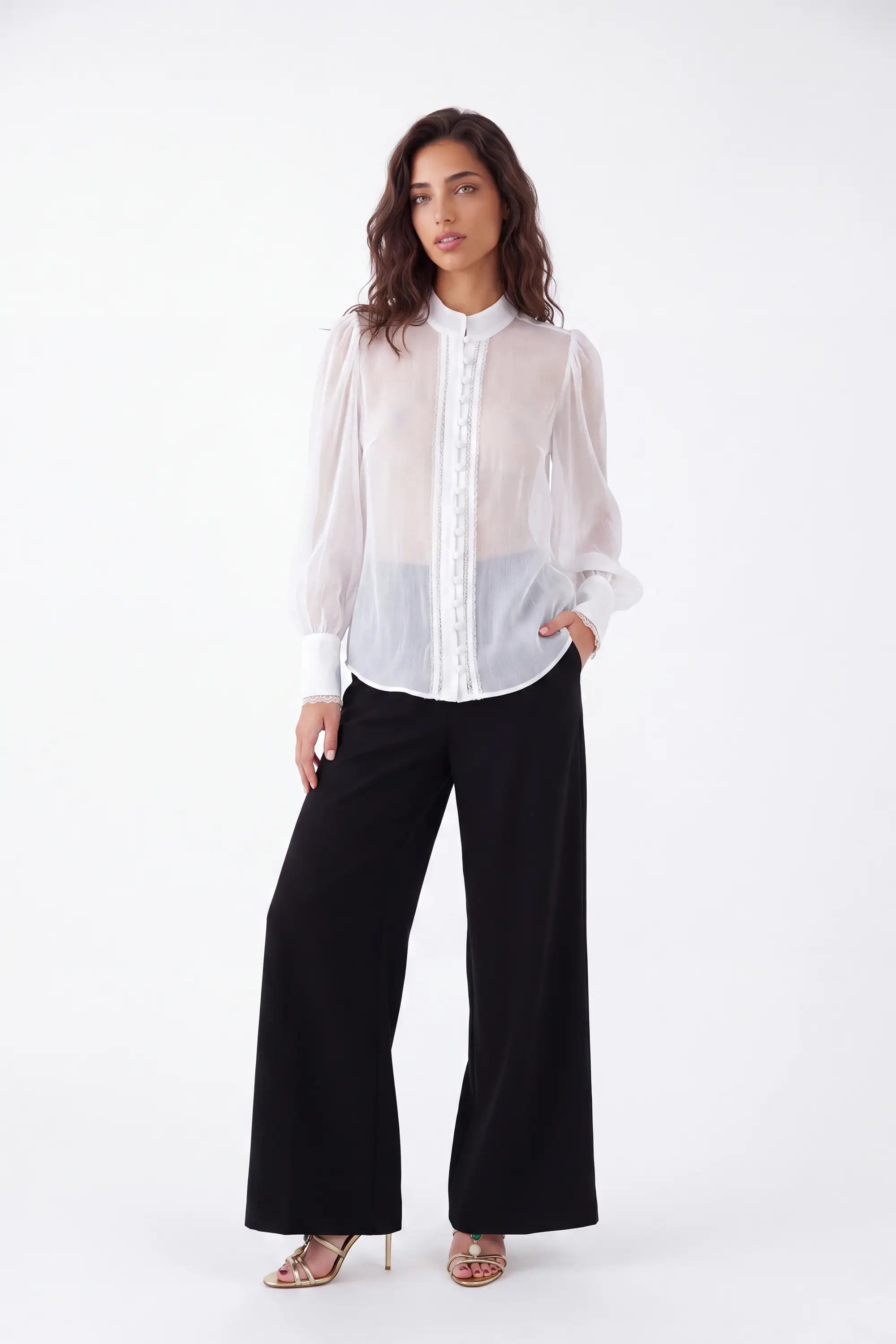 White Sheer Stand-Collar Blouse with Ruffled Button Placket and Puff Sleeves — Model White Background View 2