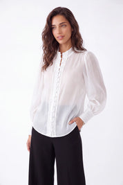 White Sheer Stand-Collar Blouse with Ruffled Button Placket and Puff Sleeves — Model White Background View 3