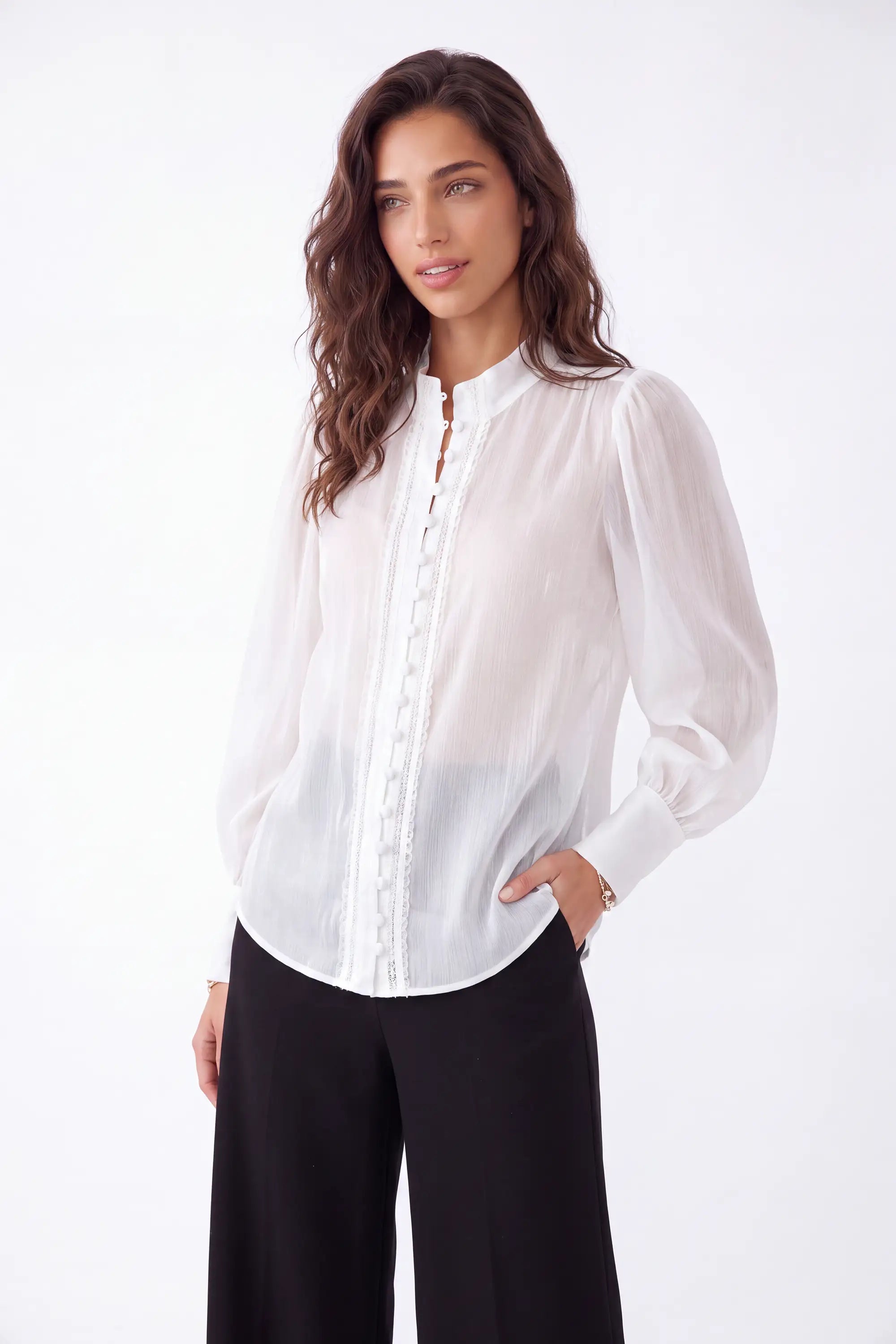White Sheer Stand-Collar Blouse with Ruffled Button Placket and Puff Sleeves — Model White Background View 3