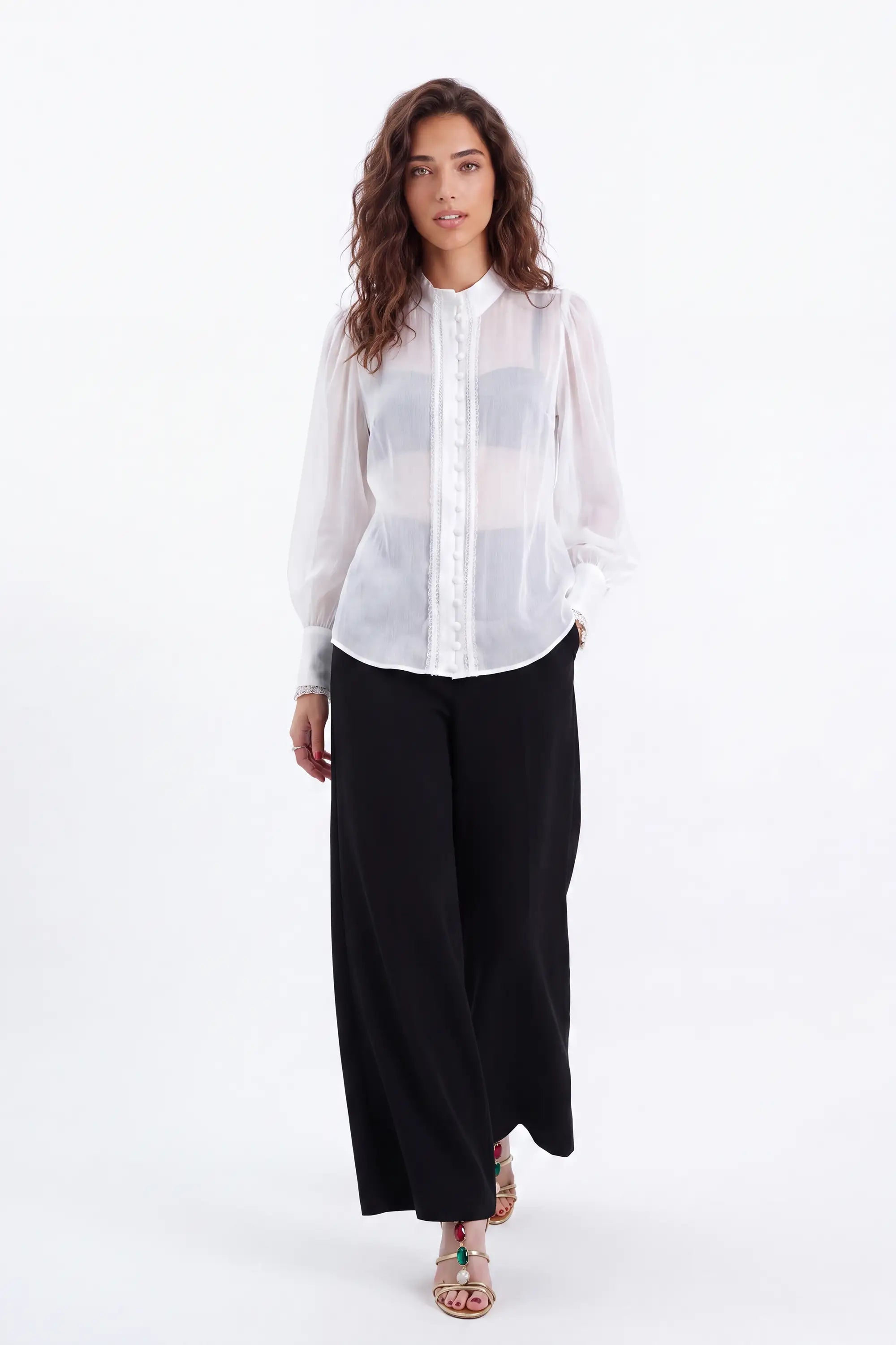 White Sheer Stand-Collar Blouse with Ruffled Button Placket and Puff Sleeves — Model White Background View 4