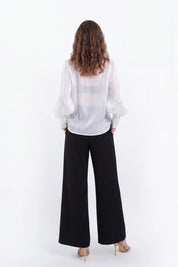 White Sheer Stand-Collar Blouse with Ruffled Button Placket and Puff Sleeves — Model White Background View 5
