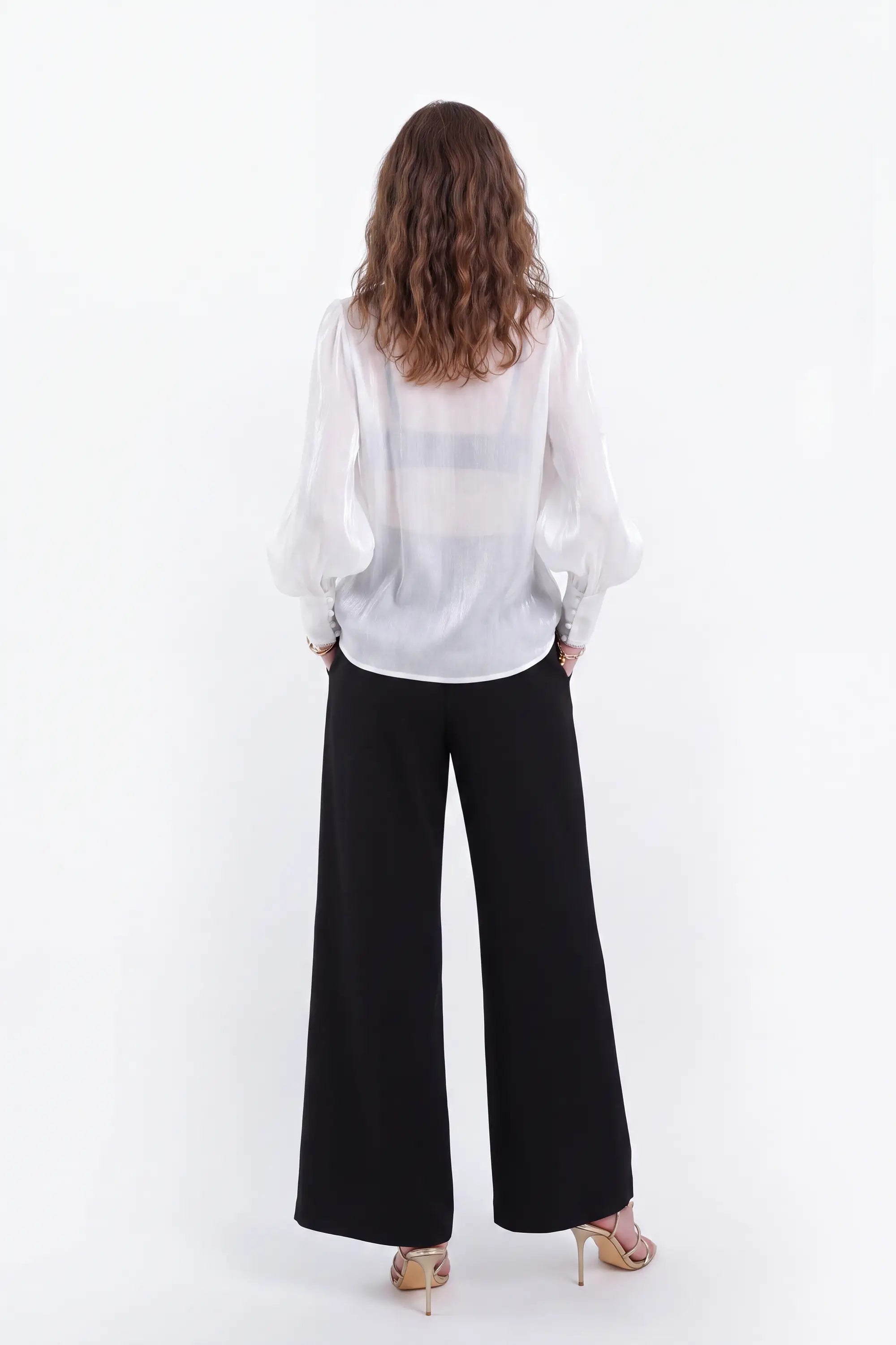 White Sheer Stand-Collar Blouse with Ruffled Button Placket and Puff Sleeves — Model White Background View 5