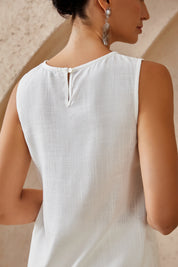 Elppis White Sleeveless Embroidered Linen-Blend Tank Top, editorial styling view on model — SKU 3J6D12339BT