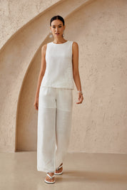 Elppis White Sleeveless Embroidered Linen-Blend Tank Top, editorial styling view on model — SKU 3J6D12339BT